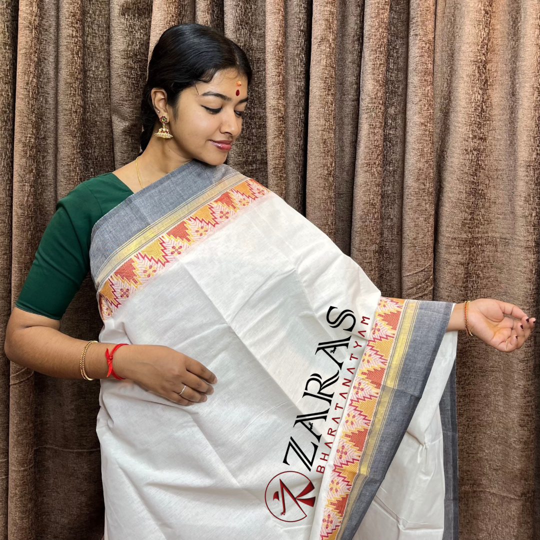 Bharatanatyam Dance Practice Saree - White Grey Gopuram Border image 0