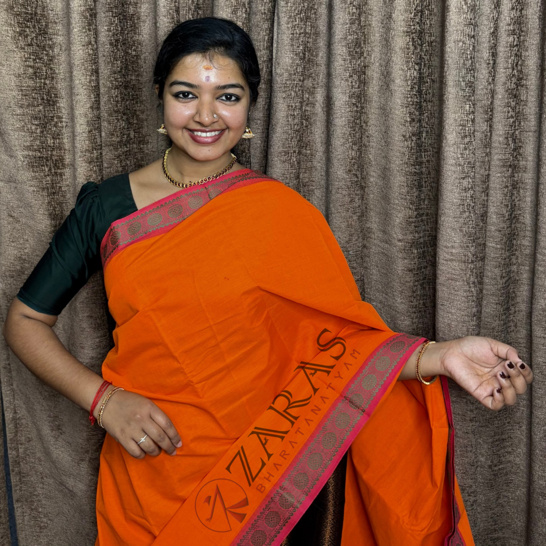 Bharatanatyam Dance Practice Saree - Orange with Red Single Coin Border image 0