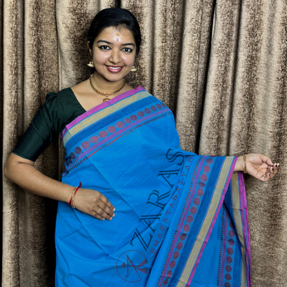 Bharatanatyam Dance Practice Saree - Blue with Pink Temple Coin Border image 0