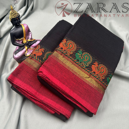 Bharatanatyam Dance Practice Saree - Black with Red S Peacock Border image 1