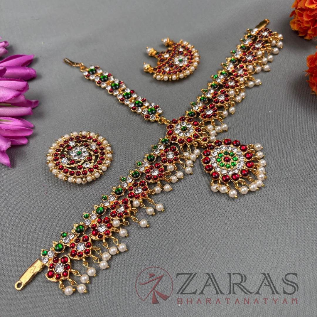 Bharatanatyam Dance Jewellery - Headset Round Flower RG Kemp Beads CS image 1