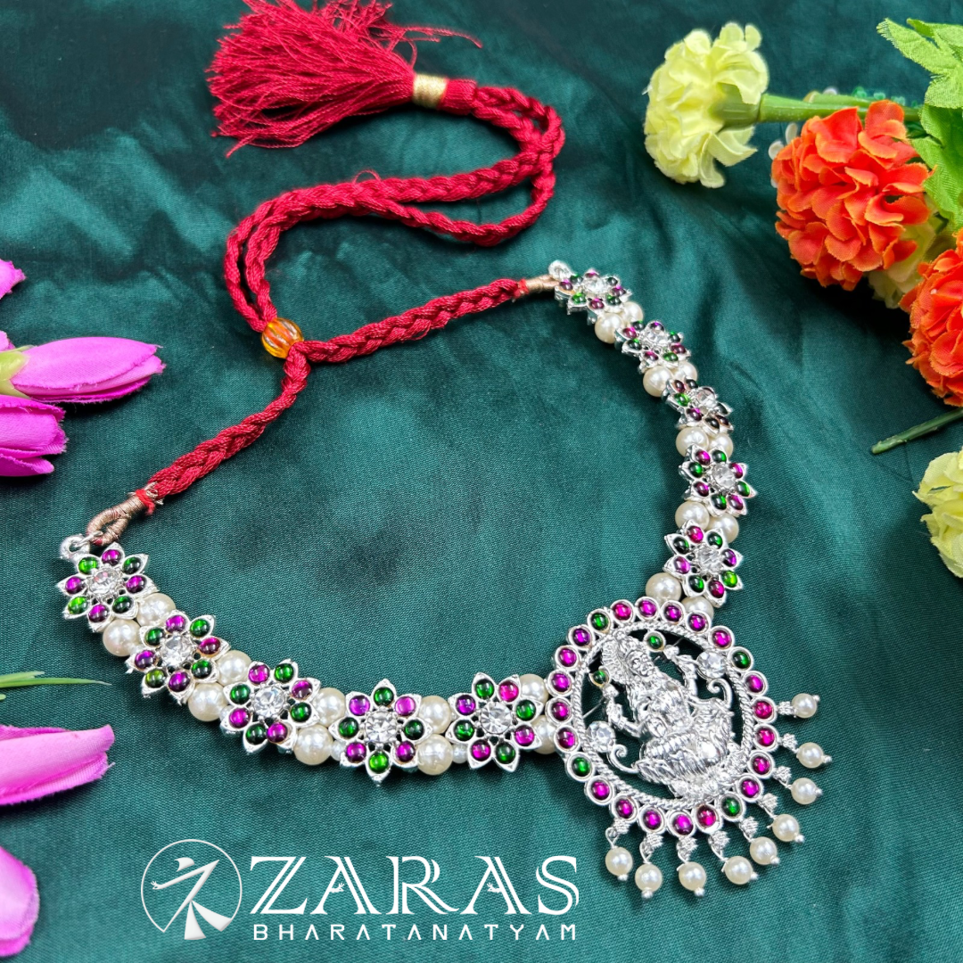 Bharatanatyam Dance Silver Jewellery - Flower & Lakshmi Necklace PG Kemp CS image 2