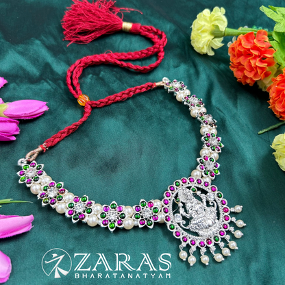 Bharatanatyam Dance Silver Jewellery - Flower & Lakshmi Necklace PG Kemp CS image 2