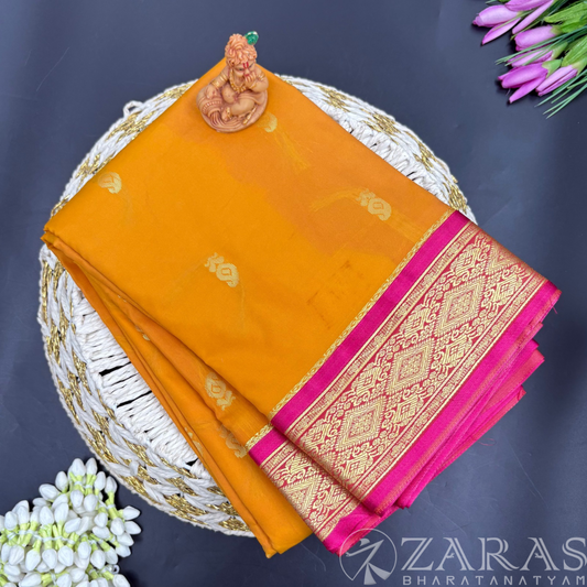 Art Silk Saree + Costume Stitching Readymade (M Yellow with Pink)
