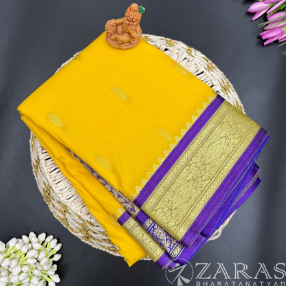 Art Silk Saree + Costume Stitching Readymade (L Yellow with Violet)