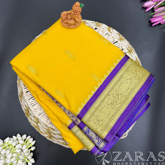 Art Silk Saree + Costume Stitching Readymade (L Yellow with Violet)