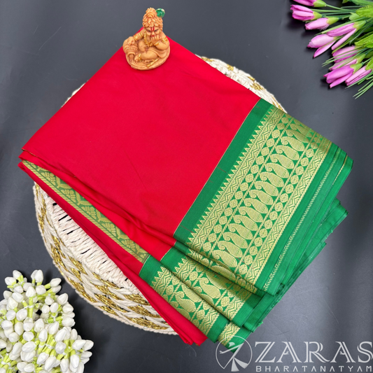 Art Silk Saree + Costume Stitching Readymade (Red with Green)