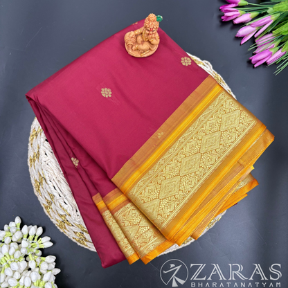 Art Silk Saree + Costume Stitching Readymade (Maroon with Yellow)