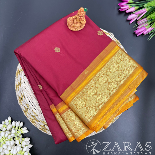 Art Silk Saree + Costume Stitching Readymade (Maroon with Yellow)