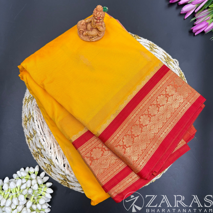 Art Silk Saree + Costume Stitching Readymade (M Yellow with Red)