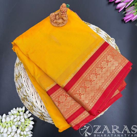 Art Silk Saree + Costume Stitching Readymade (M Yellow with Red)