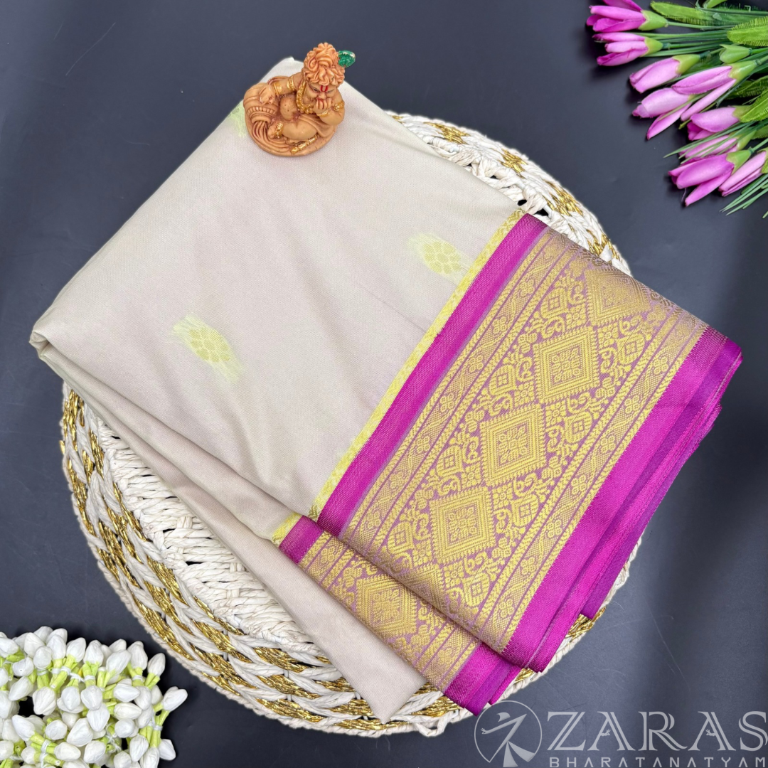 Art Silk Saree + Costume Stitching Readymade (Half White with Purple)