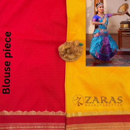 Art Silk Saree + Costume Stitching Readymade (M Yellow with Red)