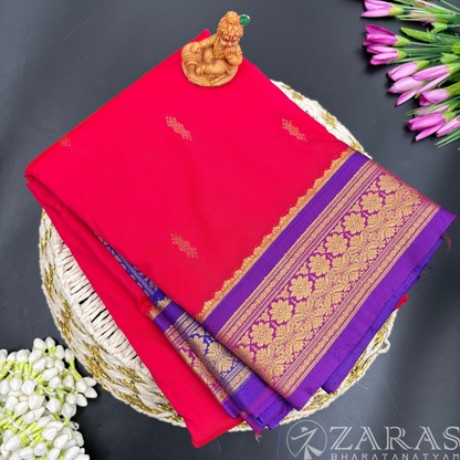 Art Silk Saree + Costume Stitching Readymade (Red with Violet)