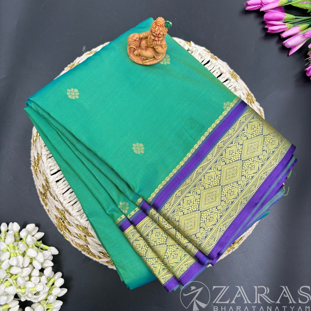 Art Silk Saree + Costume Stitching Readymade (Sea Green with Violet)