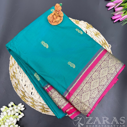 Art Silk Saree + Costume Stitching Readymade (Peacock Green with Pink)