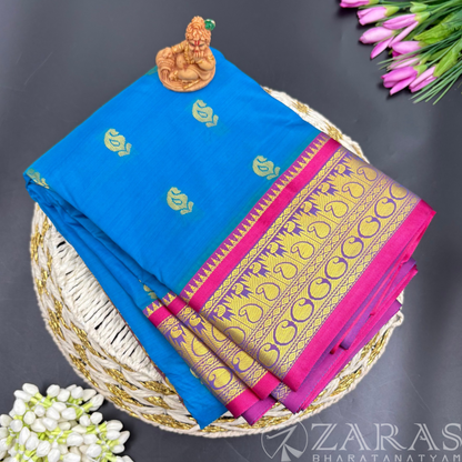 Art Silk Saree + Costume Stitching Readymade (L Blue with Pink)