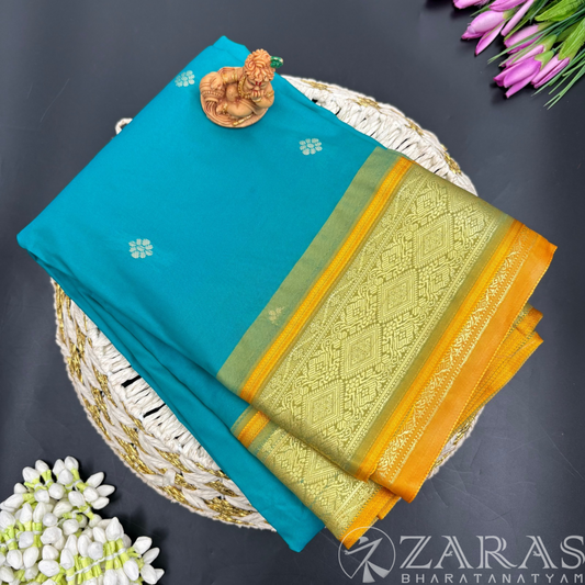 Art Silk Saree + Costume Stitching Readymade (Teal Green with Yellow)