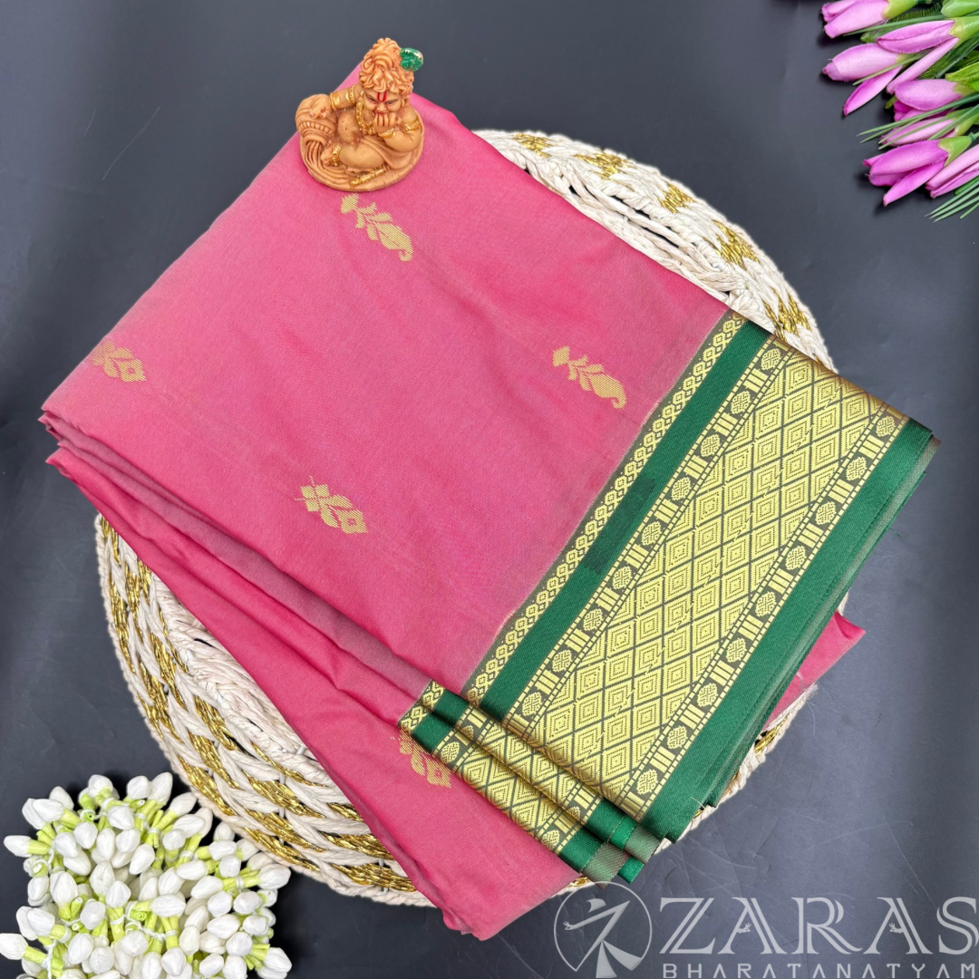 Art Silk Saree + Costume Stitching Readymade (Onion Pink with Green)