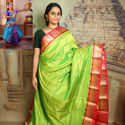 Dharmavaram Pure Pattu (Silk) Saree + Costume Stitching Readymade (Li Green with Red)
