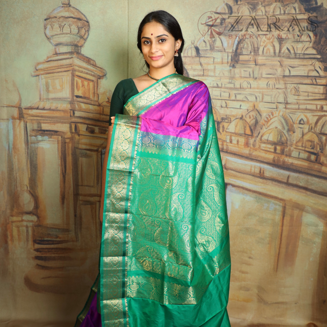Dharmavaram Pure Pattu (Silk) Saree + Costume Stitching Readymade (Violet / Purple with Green)