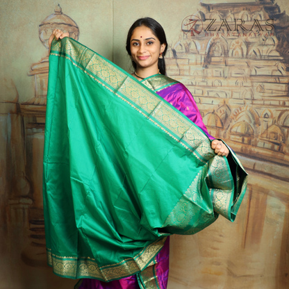 Dharmavaram Pure Pattu (Silk) Saree + Costume Stitching Readymade (Violet / Purple with Green)