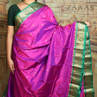 Dharmavaram Pure Pattu (Silk) Saree + Costume Stitching Readymade (Violet / Purple with Green)