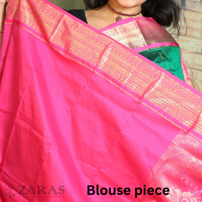 Dharmavaram Pure Pattu (Silk) Saree + Costume Stitching Readymade (D Green with L Purple)
