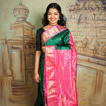 Dharmavaram Pure Pattu (Silk) Saree + Costume Stitching Readymade (D Green with L Purple)