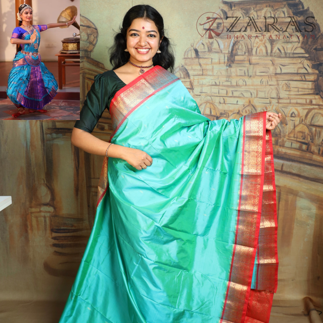 Dharmavaram Pure Pattu (Silk) Saree + Costume Stitching Readymade (Turquoise Blue Green with Red)