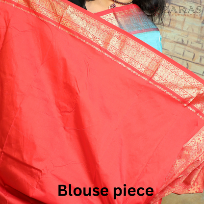 Dharmavaram Pure Pattu (Silk) Saree + Costume Stitching Readymade (Turquoise Blue Green with Red)