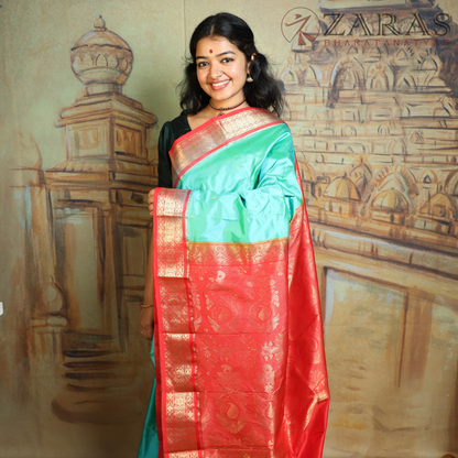 Dharmavaram Pure Pattu (Silk) Saree + Costume Stitching Readymade (Turquoise Blue Green with Red)