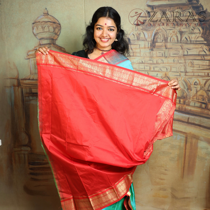Dharmavaram Pure Pattu (Silk) Saree + Costume Stitching Readymade (Turquoise Blue Green with Red)