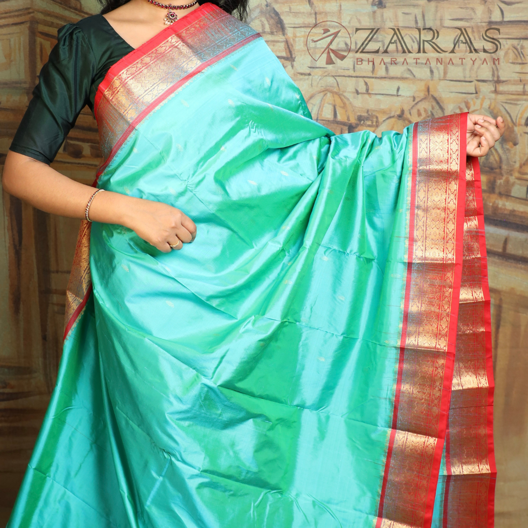 Dharmavaram Pure Pattu (Silk) Saree + Costume Stitching Readymade (Turquoise Blue Green with Red)