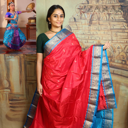 Dharmavaram Pure Pattu (Silk) Saree + Costume Stitching Readymade (Red with L Blue)