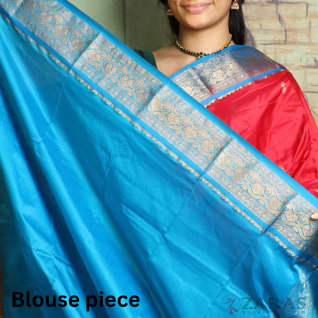 Dharmavaram Pure Pattu (Silk) Saree + Costume Stitching Readymade (Red with L Blue)