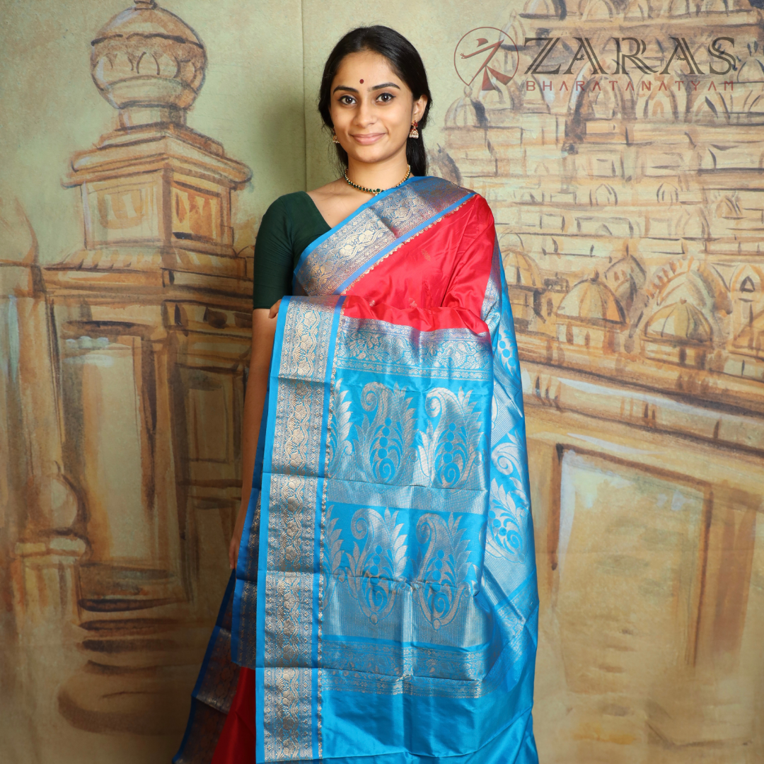 Dharmavaram Pure Pattu (Silk) Saree + Costume Stitching Readymade (Red with L Blue)