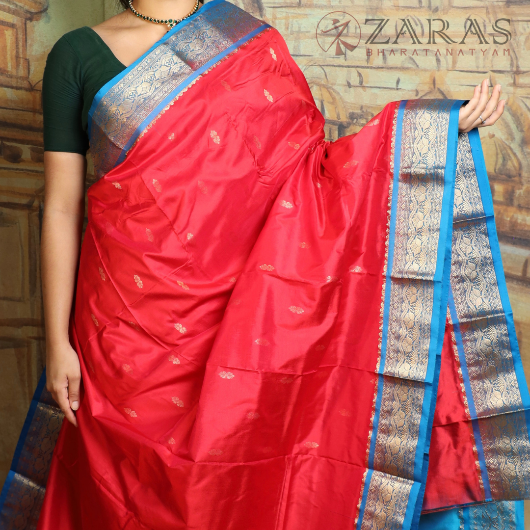 Dharmavaram Pure Pattu (Silk) Saree + Costume Stitching Readymade (Red with L Blue)