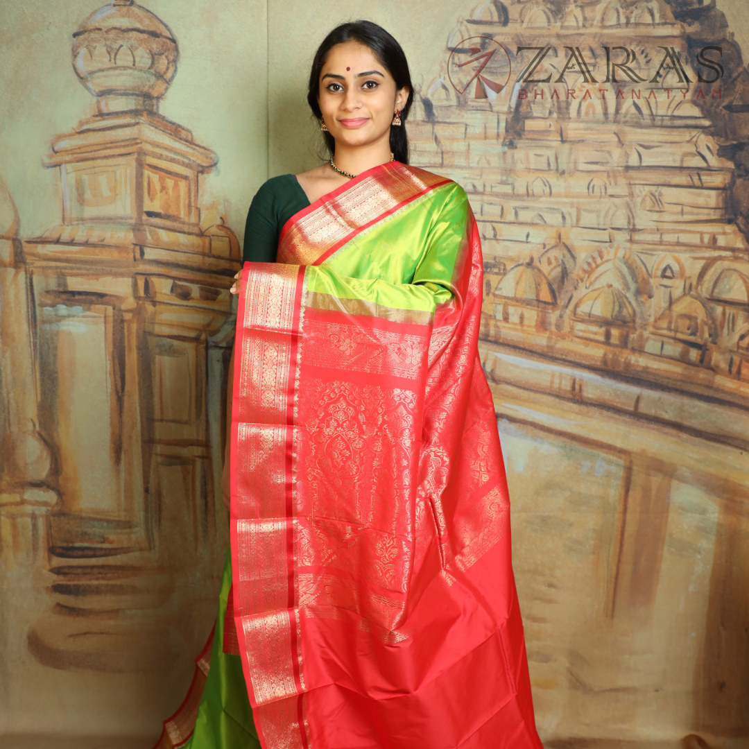 Dharmavaram Pure Pattu (Silk) Saree + Costume Stitching Readymade (Li Green with Red)