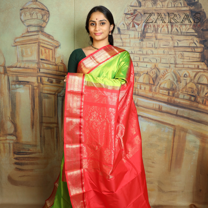 Dharmavaram Pure Pattu (Silk) Saree + Costume Stitching Readymade (Li Green with Red)