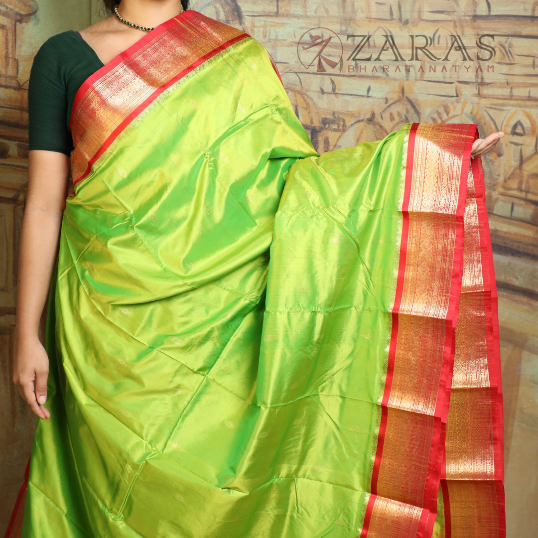 Dharmavaram Pure Pattu (Silk) Saree + Costume Stitching Readymade (Li Green with Red)