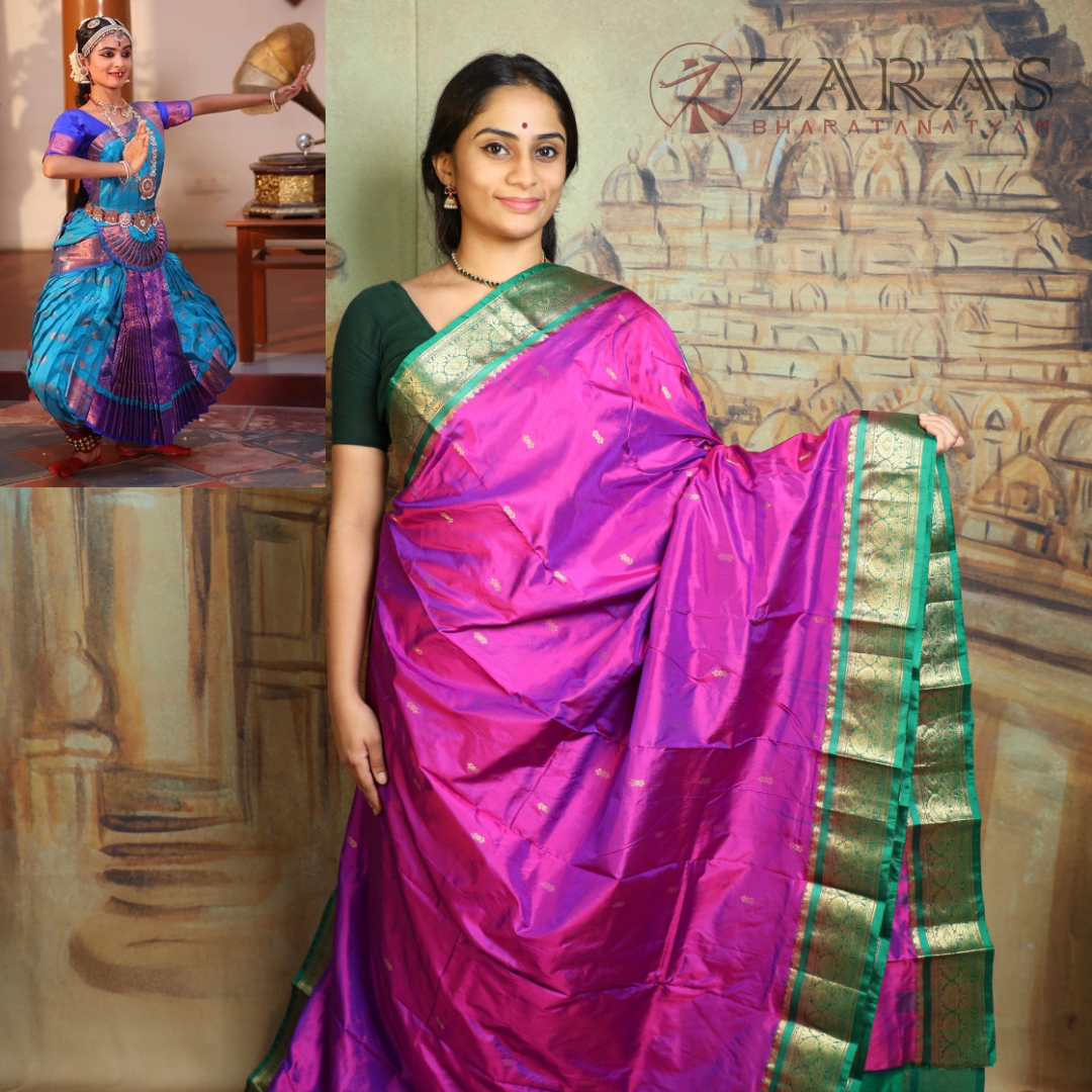 Dharmavaram Pure Pattu (Silk) Saree + Costume Stitching Readymade (Violet / Purple with Green)