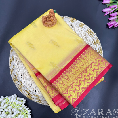 Art Silk Saree + Costume Stitching Readymade (L Yellow with Red)