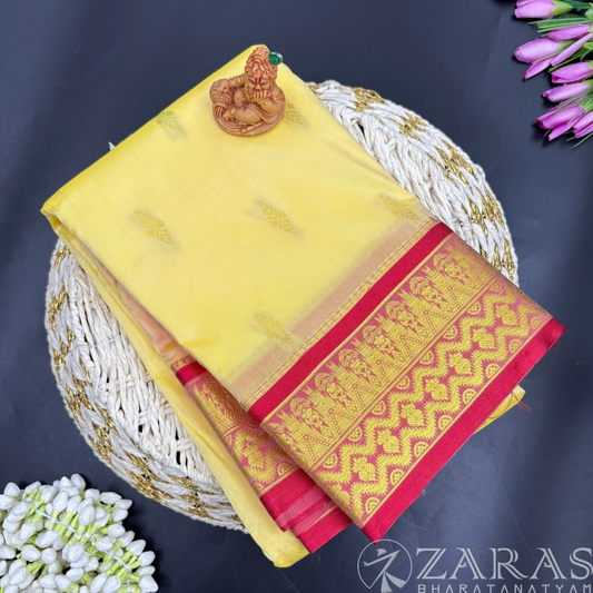 Art Silk Saree + Costume Stitching Readymade (L Yellow with Red)