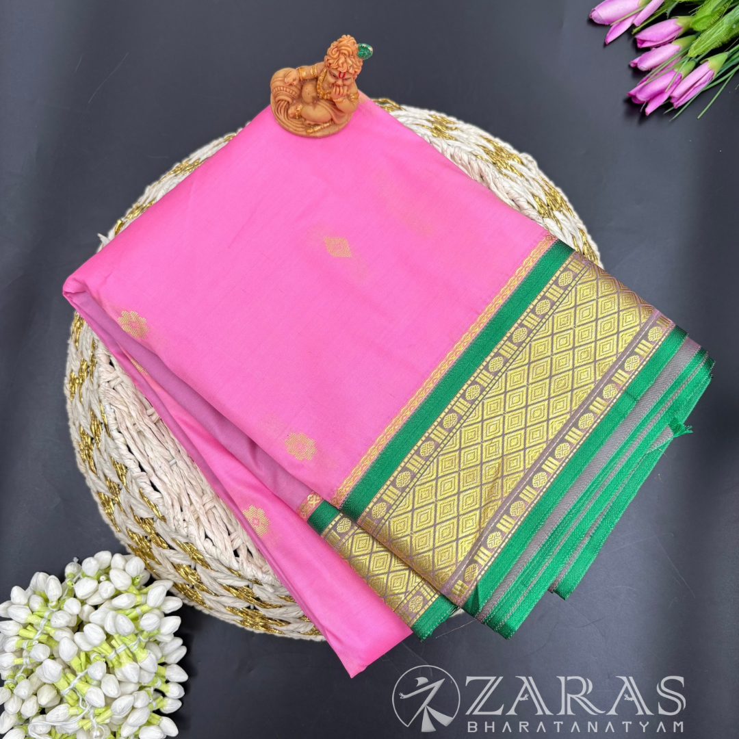 Art Silk Saree + Costume Stitching Readymade (Baby Pink with Green)