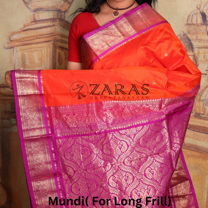 Dharmavaram Pure Pattu (Silk) Saree + Costume Stitching Readymade (Orange with Purple)