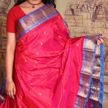 Dharmavaram Pure Pattu (Silk) Saree + Costume Stitching Readymade (Pink with L Blue)