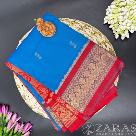 Art Silk Saree + Costume Stitching Readymade (L Blue with Red)