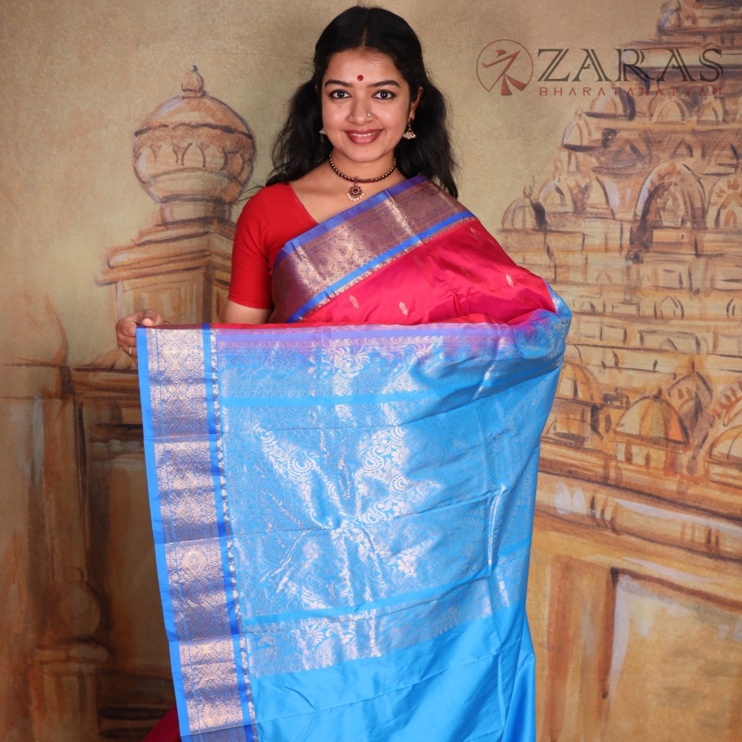 Dharmavaram Pure Pattu (Silk) Saree + Costume Stitching Readymade (Pink with L Blue)
