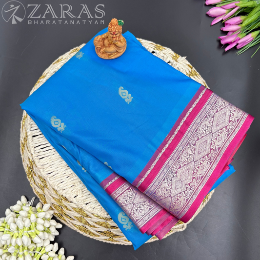 Art Silk Saree + Costume Stitching Readymade (L Blue with Pink)